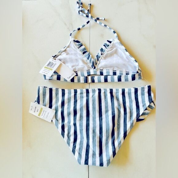 Nwt Splendid tie dye stripe white jean blue ruffle bikini set - Picture 3 of 4